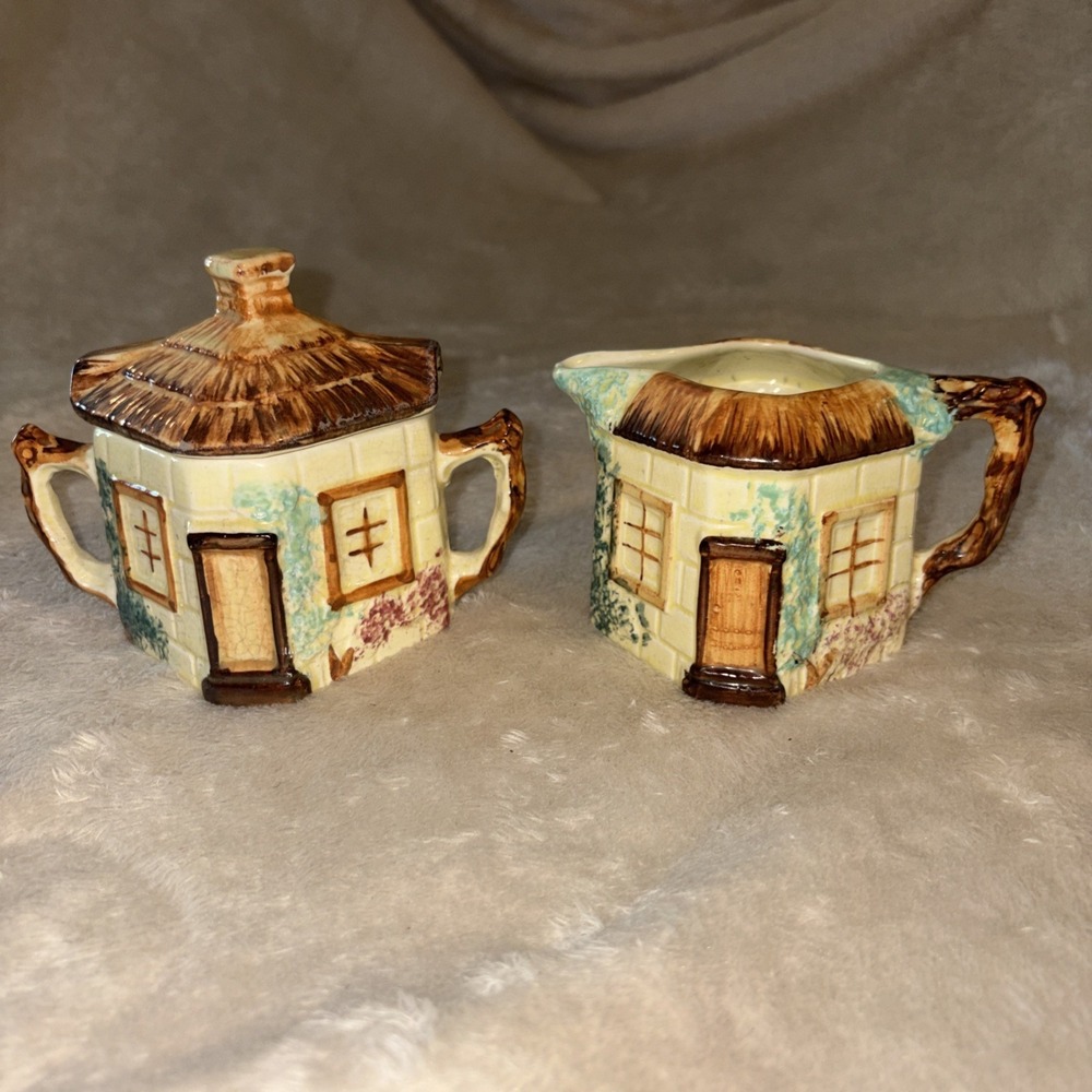 Vtg Keele Street Pottery English Cottage Shaped Hand Paintd Sugar Bowl & Creamer